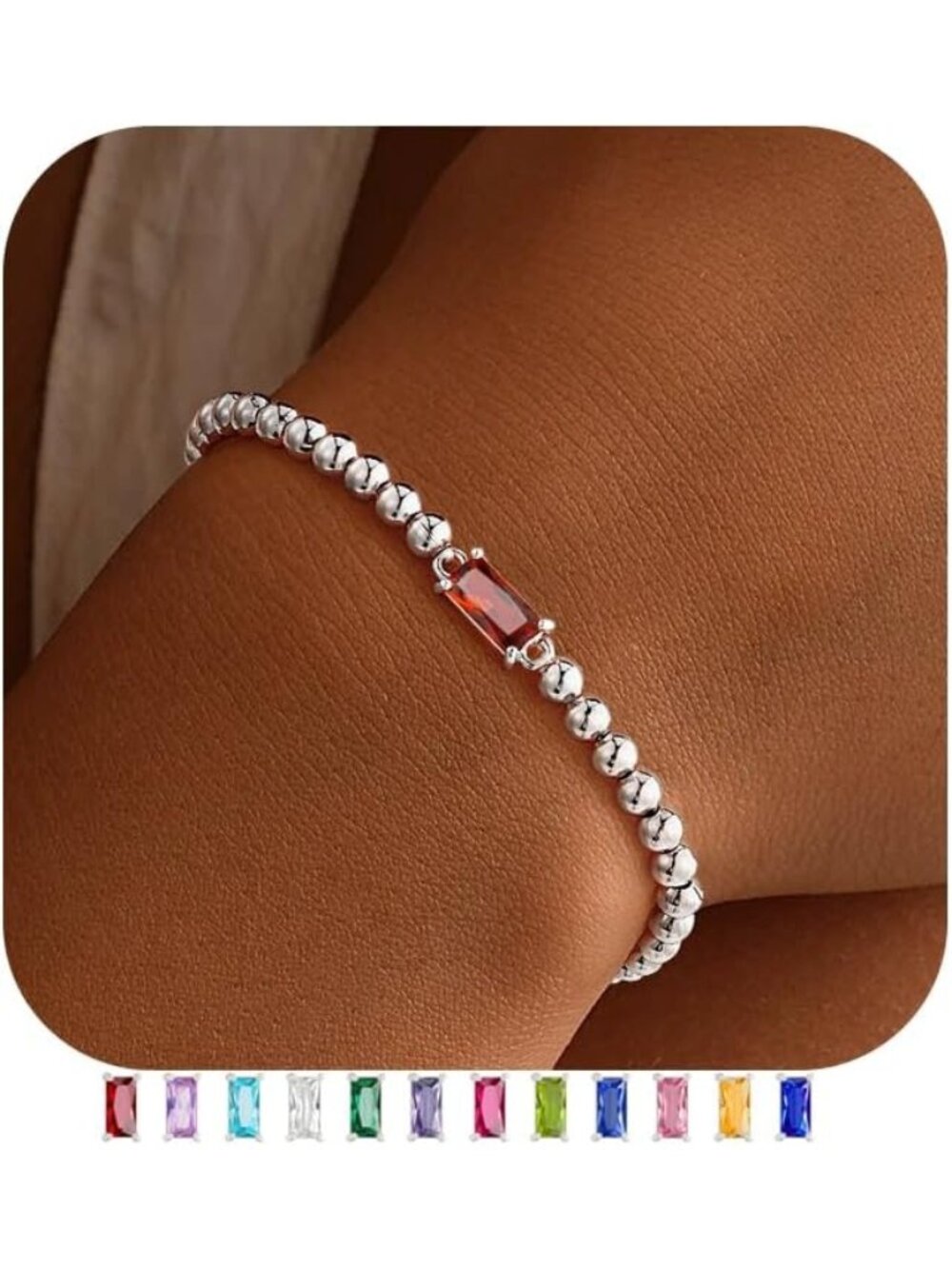 Women's Red Birthstone Bracelet Silver Plated Beaded Elastic Dainty Jewelry